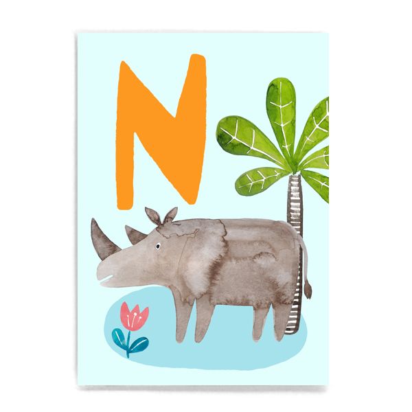 Frau Ottilie ABC Karte - N wie Nashorn - Tier ABC
