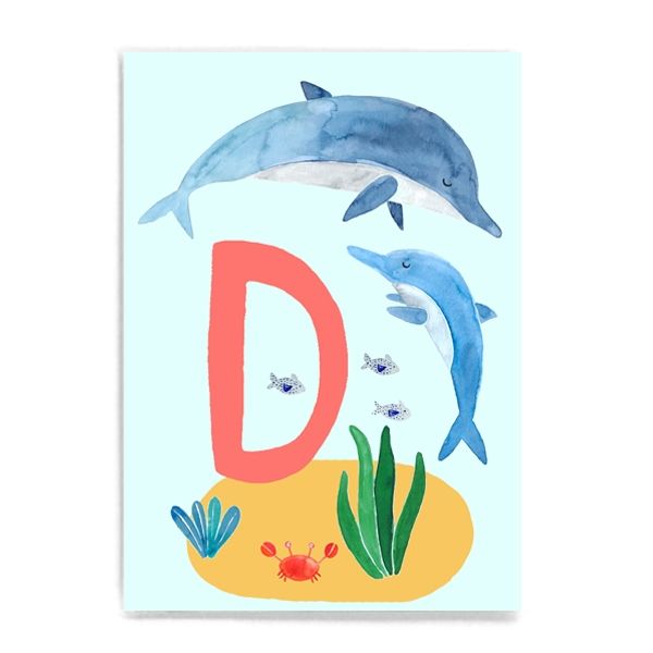 Frau Ottilie ABC Karte - D wie Delphin - Tier ABC