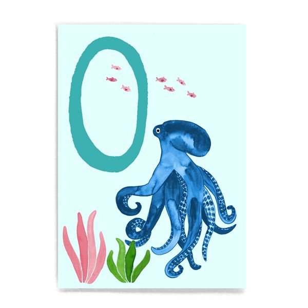 Frau Ottilie ABC Karte - O wie Oktopus - Tier ABC