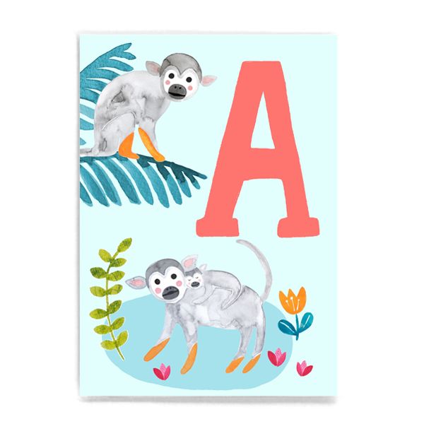 Frau Ottilie ABC Karte - A wie Affe - Tier ABC