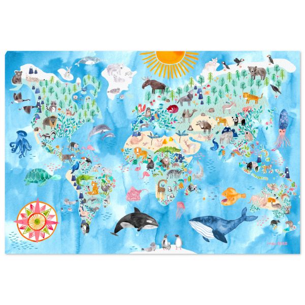 Frau Ottilie Poster - Einschulung -Weltkarte der Tiere - 68x99 cm